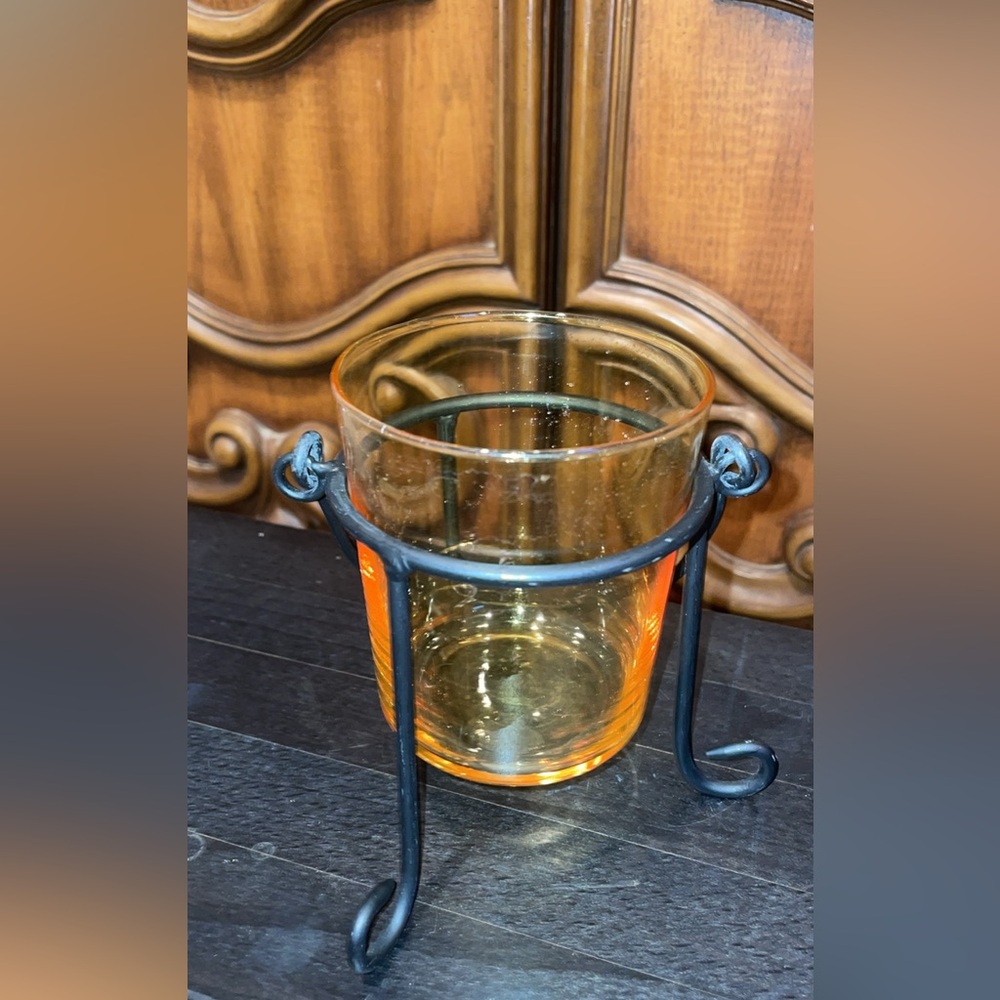 Orange Glass Candle Holder with Black Metal Stand